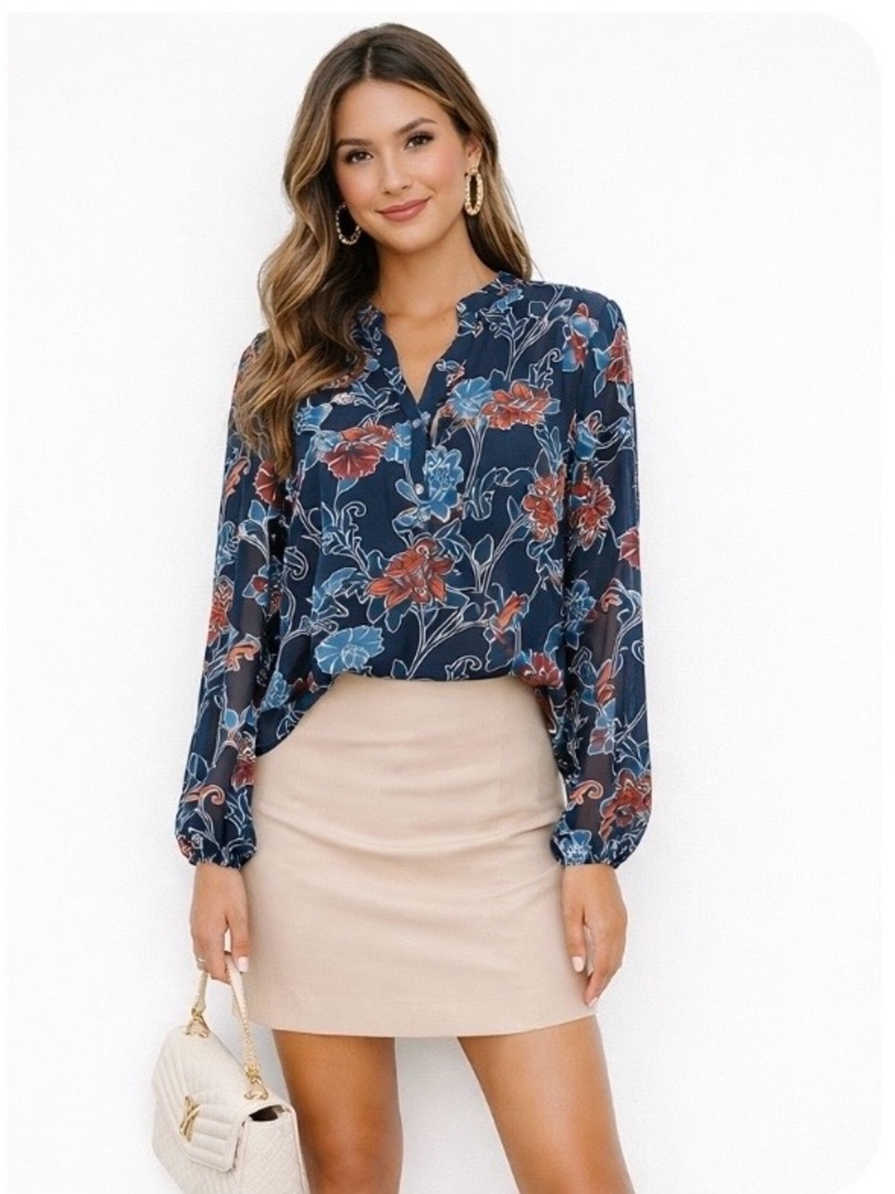 GAP Navy Floral Gorgeous Size XXL Blouse‎ Mandarin Collar and Long Sheer Sleeves